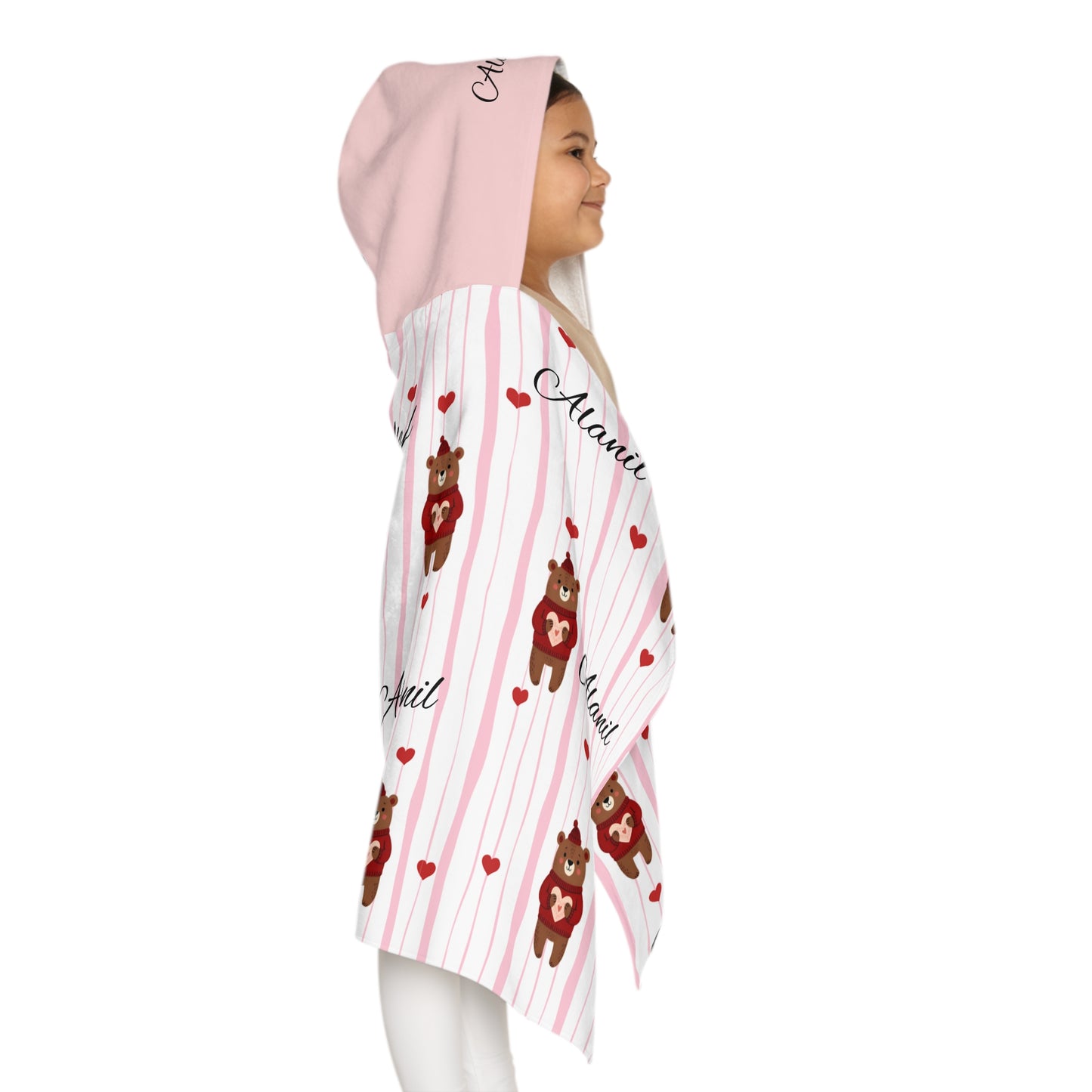 Personalized Kids Hooded Towel — Cute Bear & Hearts Design (Custom Name)