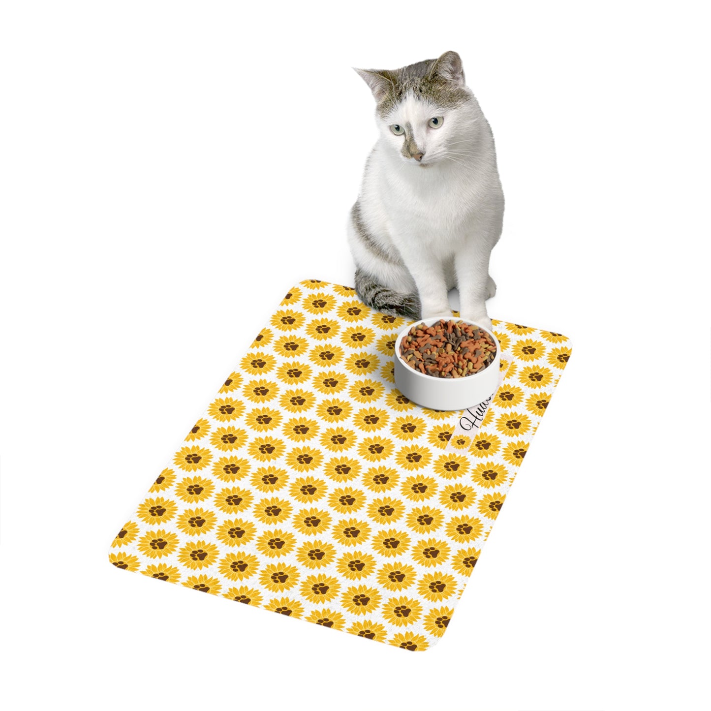 Personalized Sunflower Pet Food Mat (12x18) — Custom Name Dog & Cat Feeding Placemat, Non-Slip Waterproof