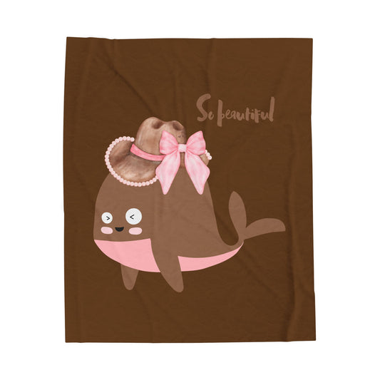 Whale wearing a cowboy hat with a pink bow Velveteen Plush Blanket