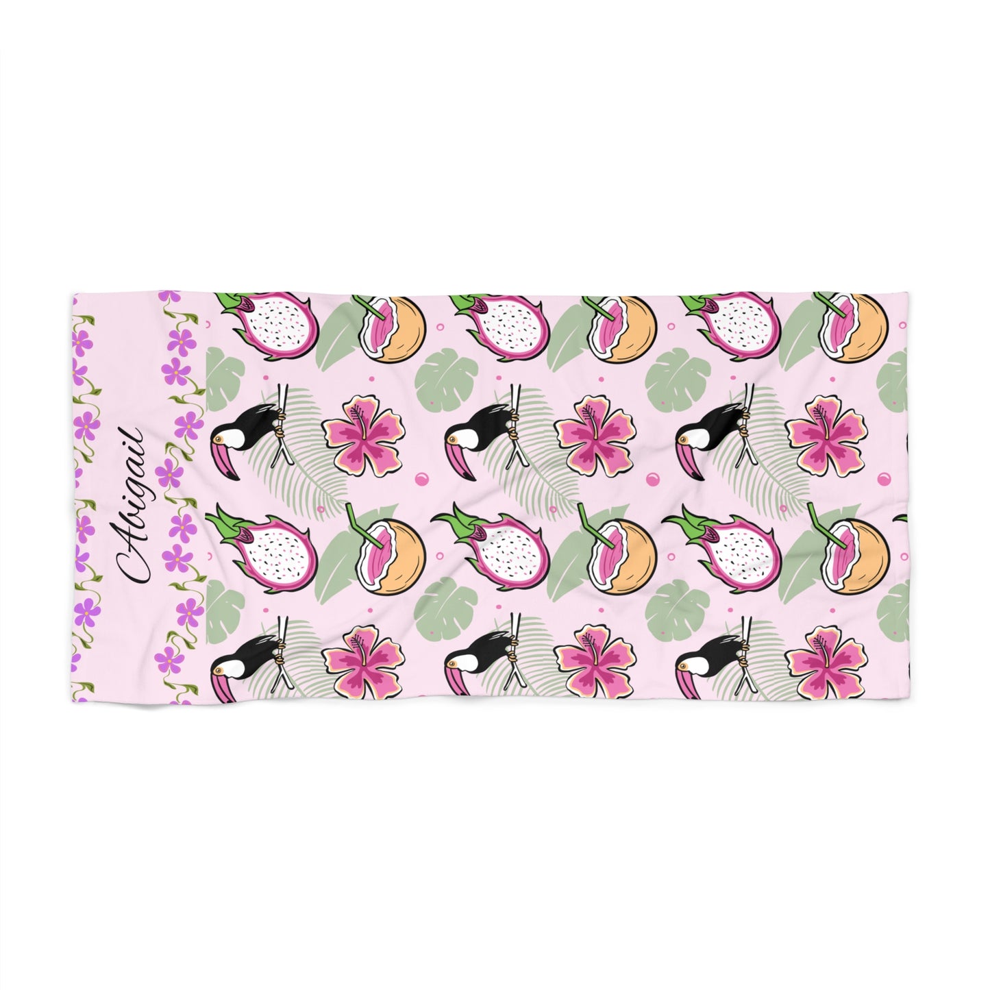 Personalized Tropical Flamingo Beach Towel — Pink Hibiscus & Dragon Fruit Design