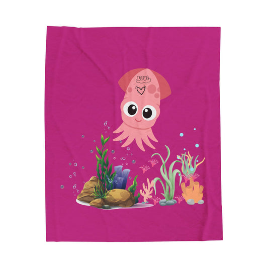 Pink squid cartoon with love Velveteen Plush Blanket