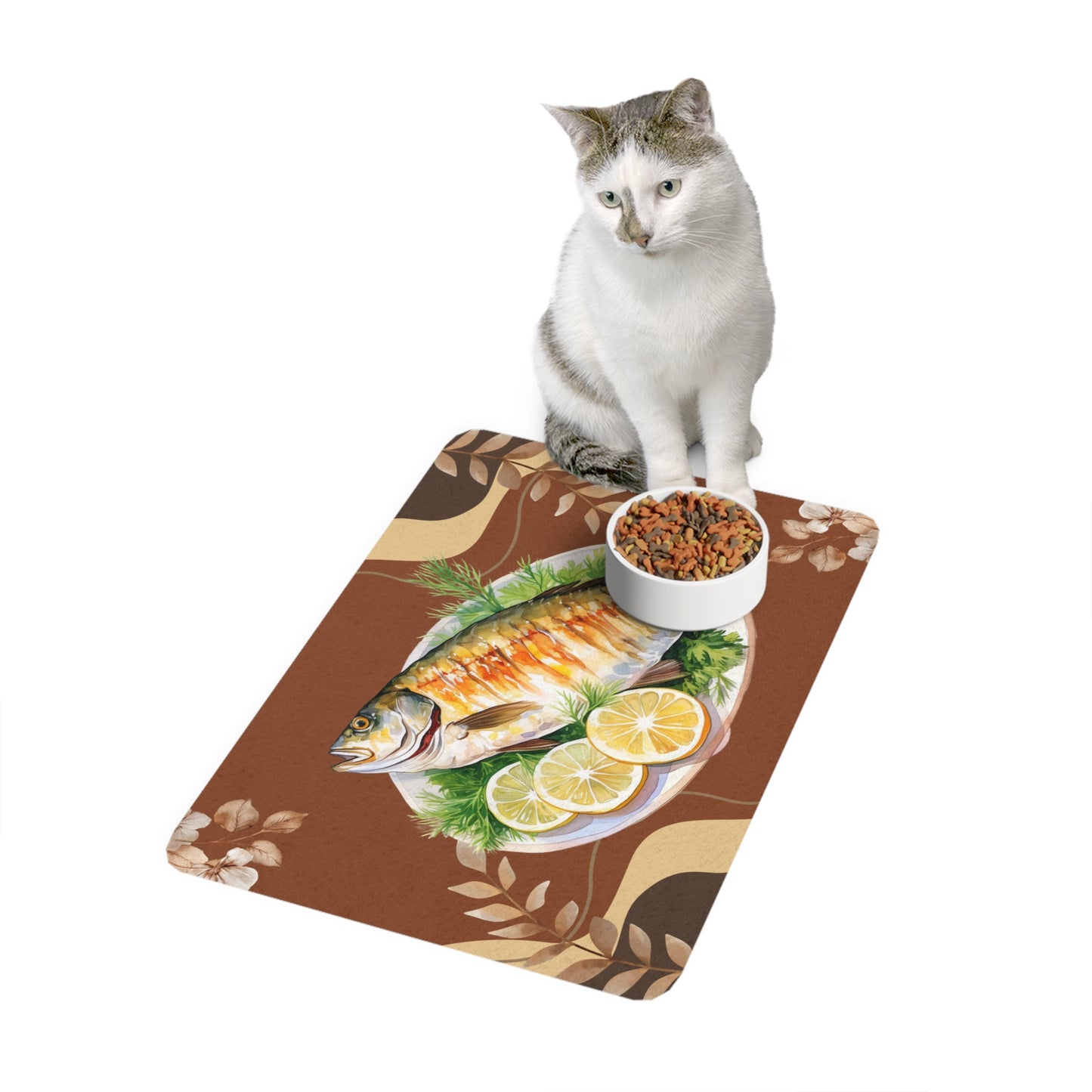 Fish Dinner Pet Food Mat (12x18) - Non-Slip Bowl Placemat with Lemon & Herb Design