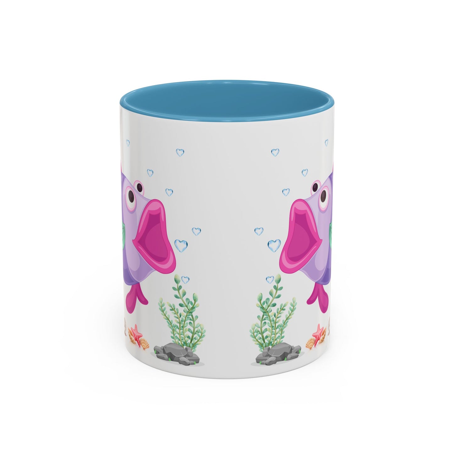 Fish with open mouth bubbles and underwater flora. Coffee Mug