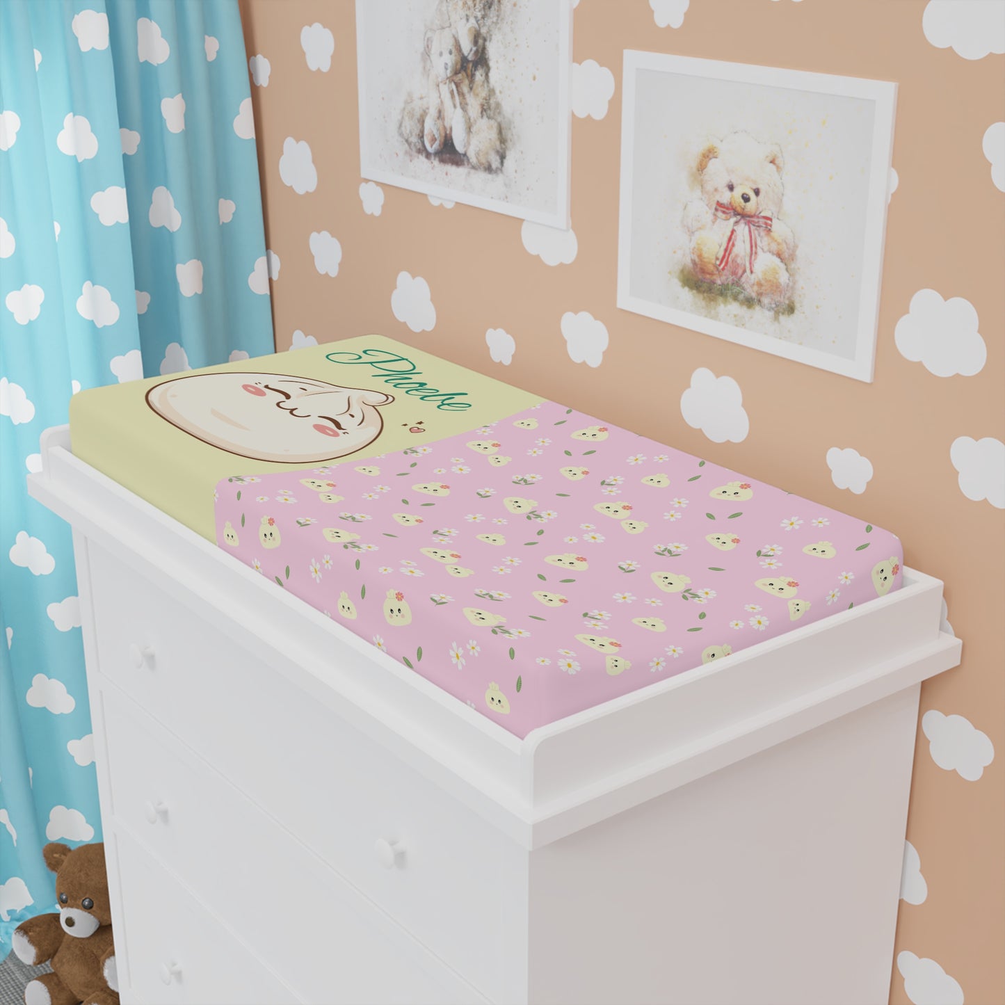 Baby Changing Pad Cover — Pink Floral Chick Print with ‘Precious’ Accent