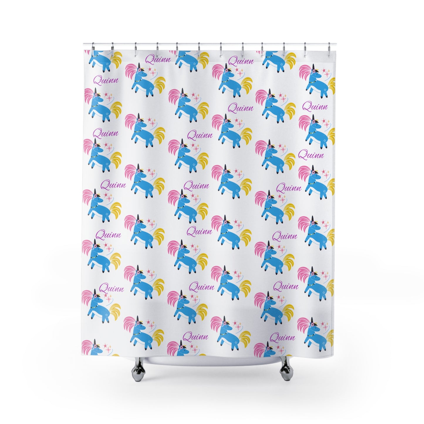 Unicorn Name Shower Curtain — Personalized "Quinn" Kids Bath Decor