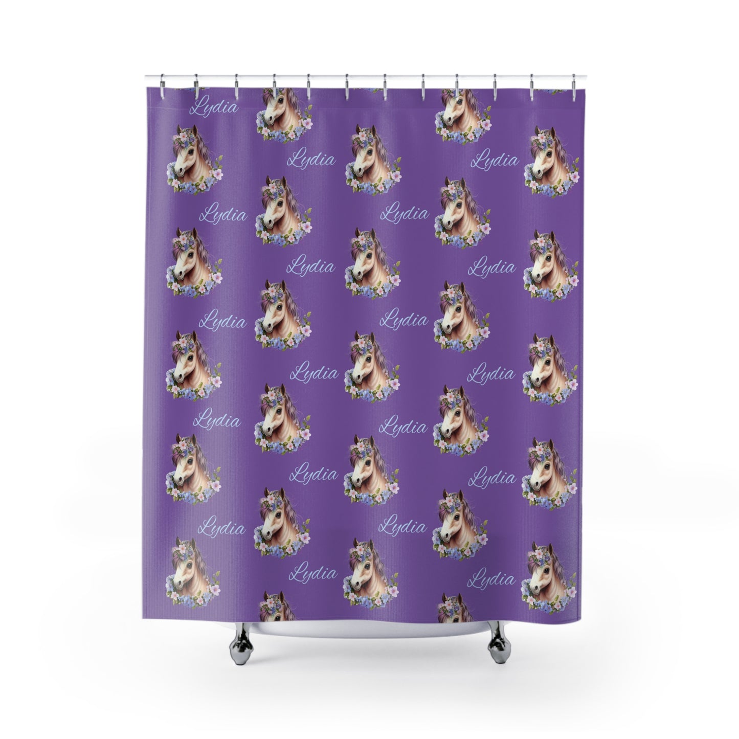 Personalized Purple Unicorn Shower Curtain — Custom Name "Lydia" Floral Horse Bath Decor