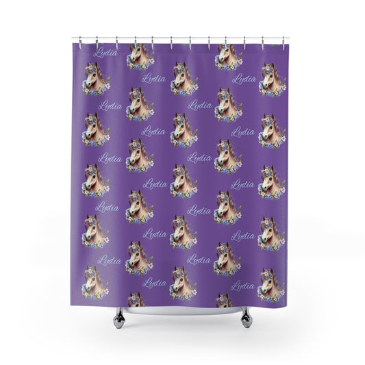Personalized Purple Unicorn Shower Curtain — Custom Name "Lydia" Floral Horse Bath Decor