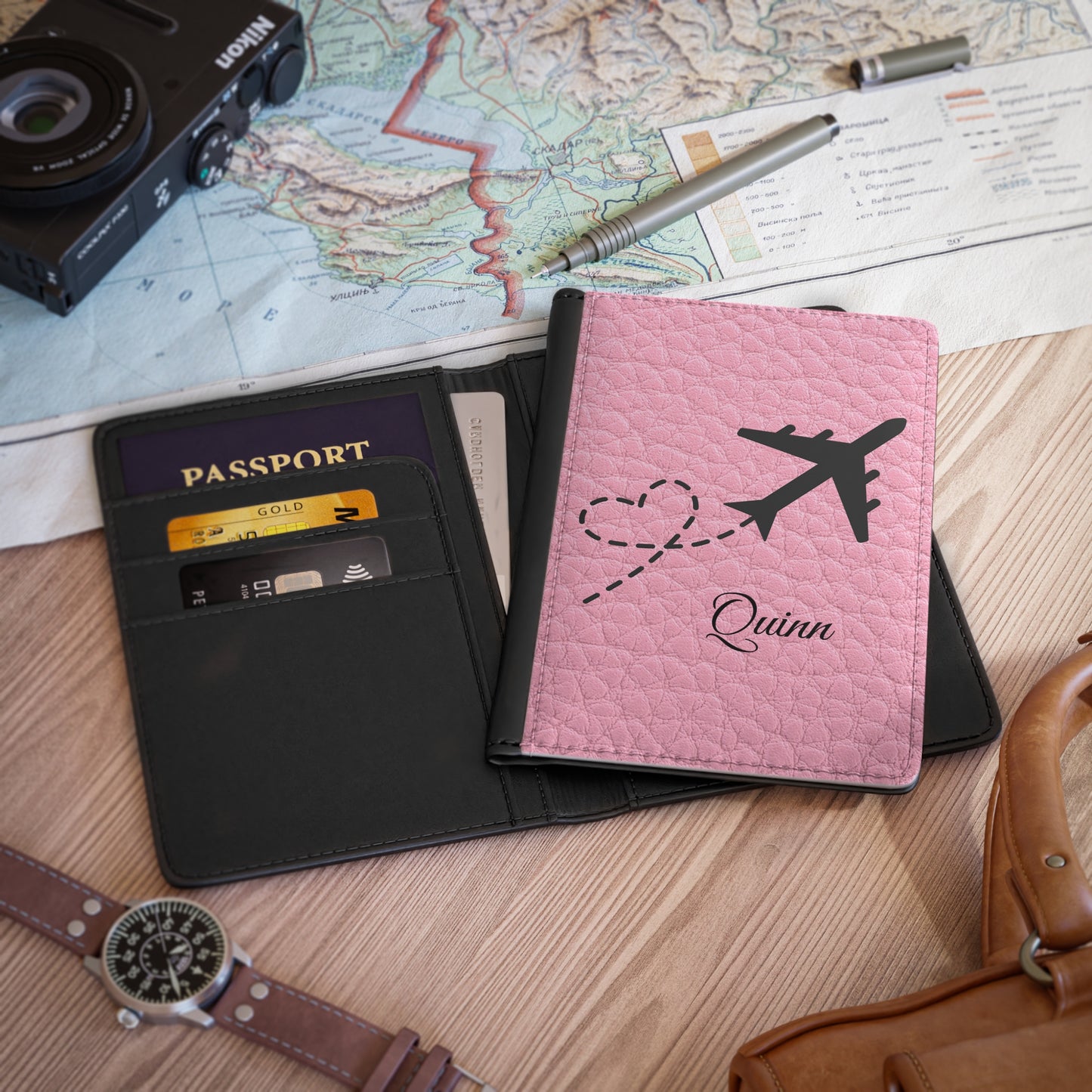 Personalized Pink Travel Passport Cover — Airplane Heart Design