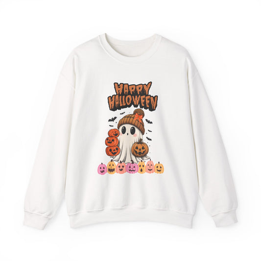 Cozy Halloween Sweatshirt, Unisex Crewneck with Ghost & Pumpkin Design, Fall Fashion, October Gifts, Spooky Season Apparel