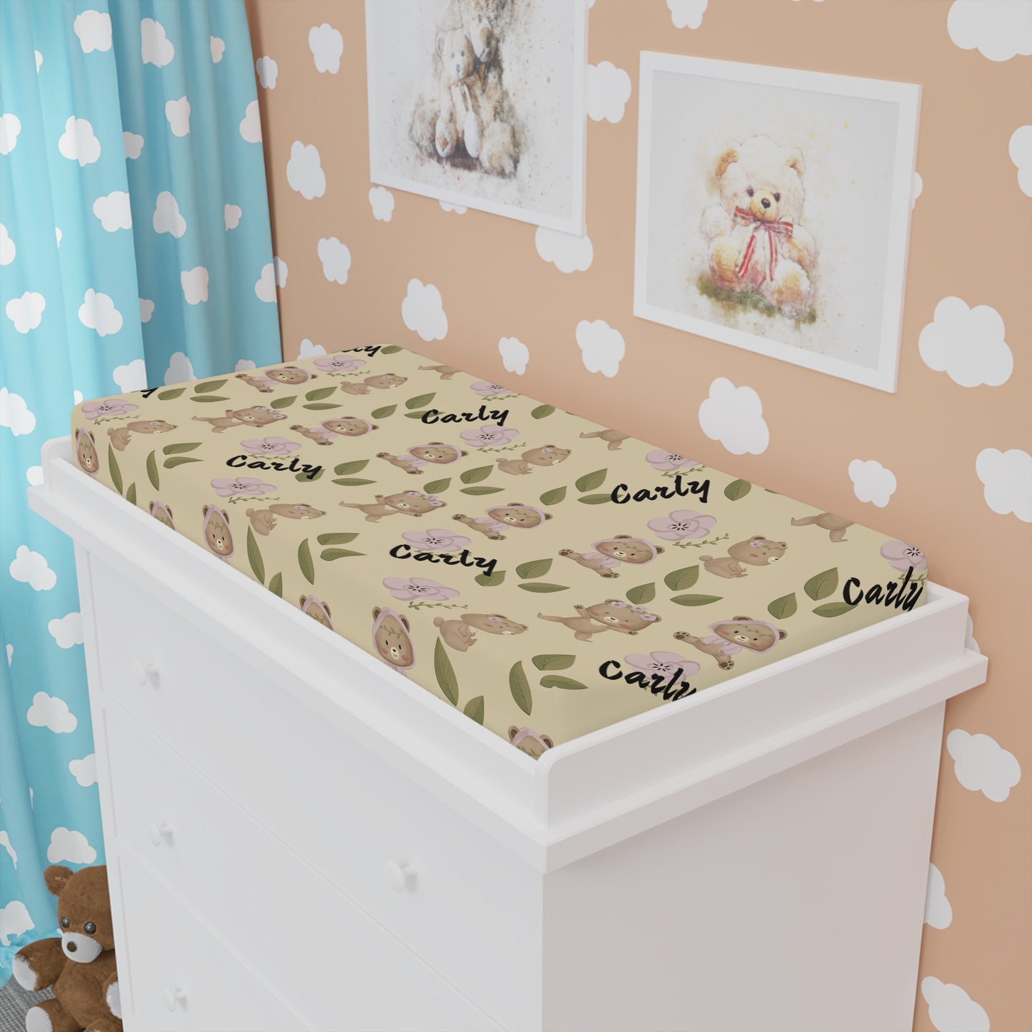 Personalized Baby Changing Pad Cover — Cute Bear & Floral Nursery Print (Custom Name)