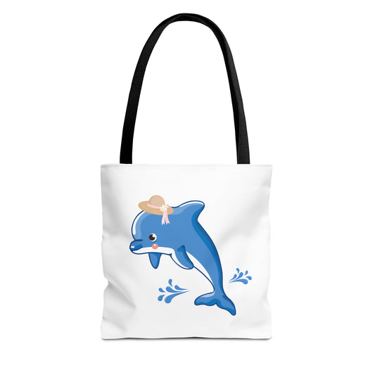 Dolphin wearing a straw hat with stylized water splashes Tote Bag