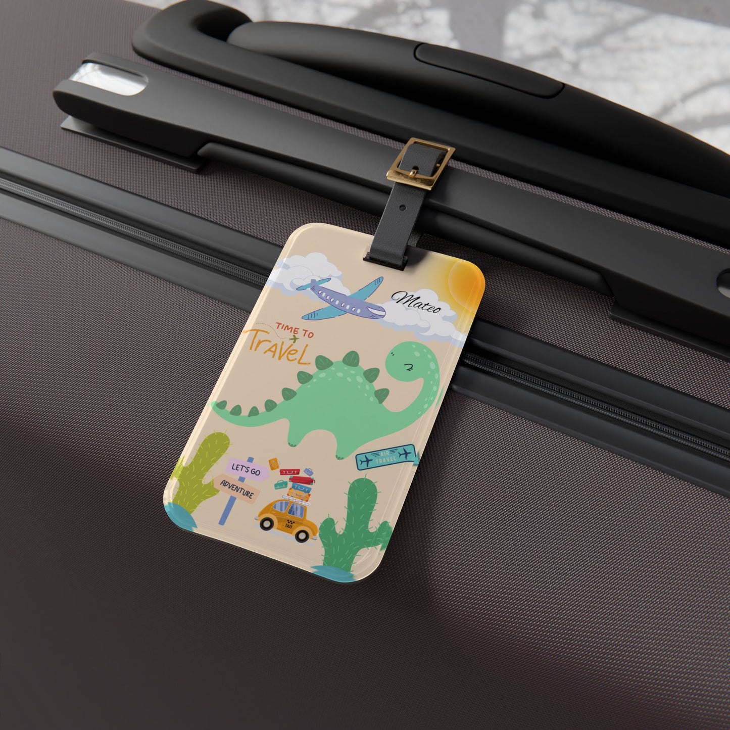 Kids Dinosaur Travel Luggage Tag — Personalized 'Time to Travel' ID Tag