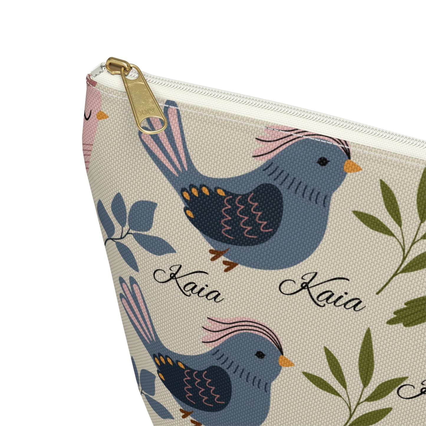 Bird Pattern Accessory Pouch — Personalized "Kaia" Cosmetic Bag