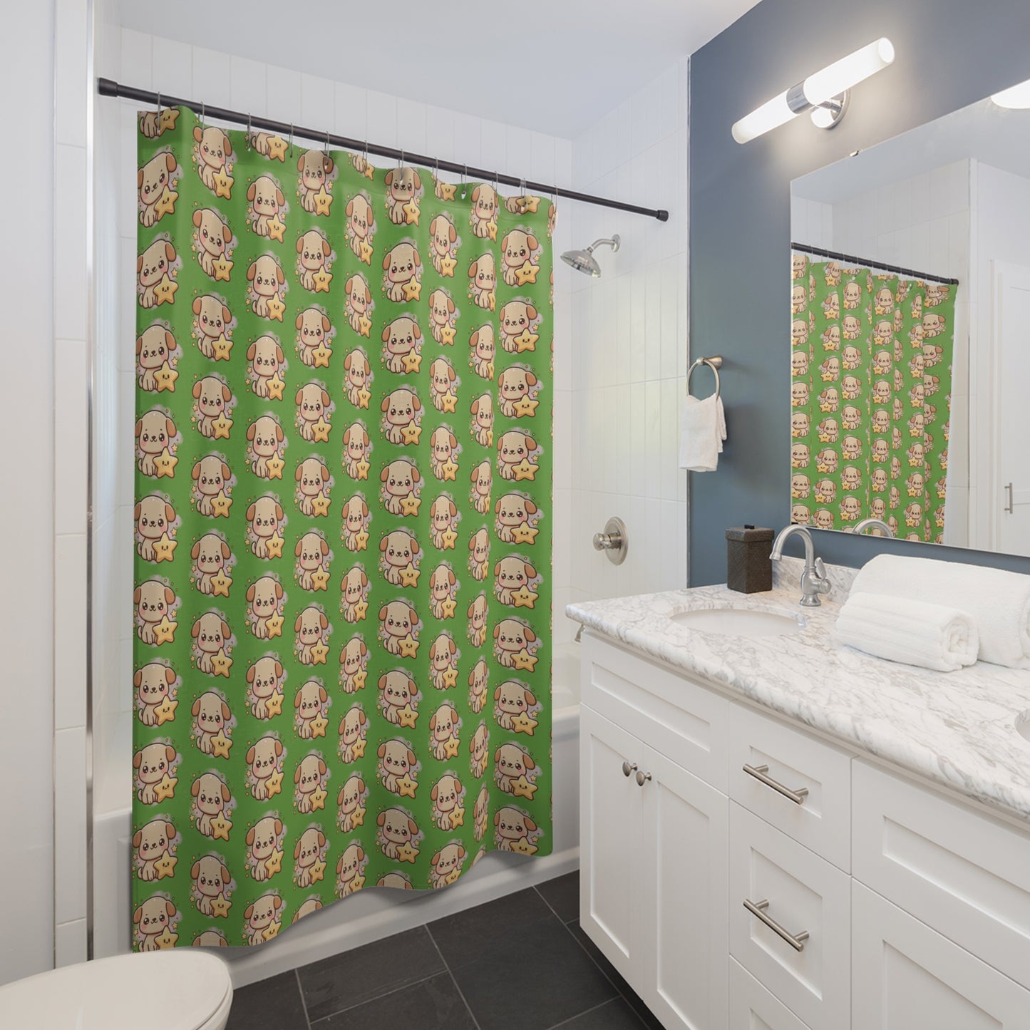 Cute Puppy Star Pattern Shower Curtain – Kawaii Dog Bathroom Decor