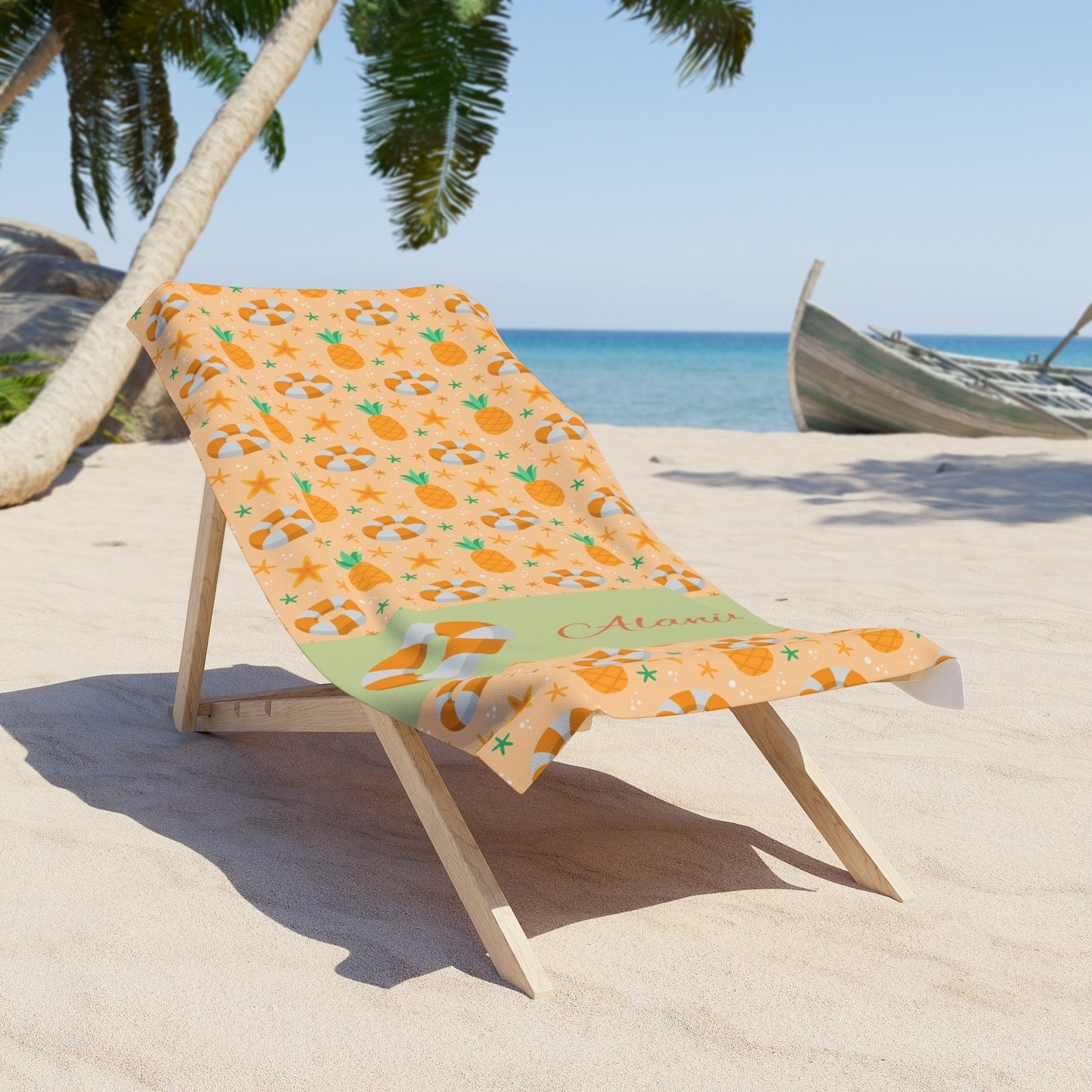 Personalized Pineapple & Lifesaver Beach Towel — Custom Name Tropical Summer Towel