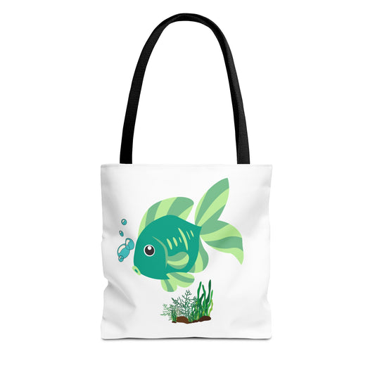 Green fish with bubbles and aquatic plants Tote Bag