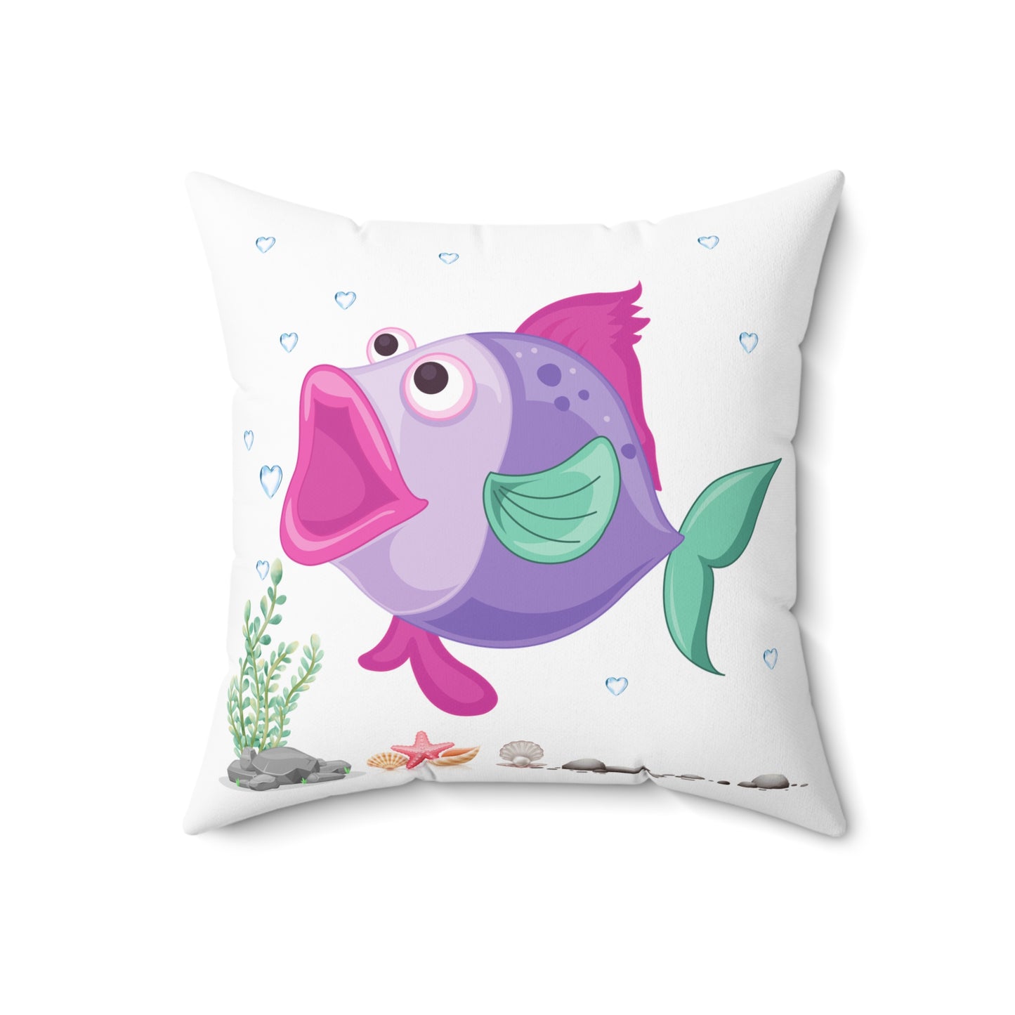 Fish with open mouth bubbles and underwater flora Spun Polyester Square Pillow