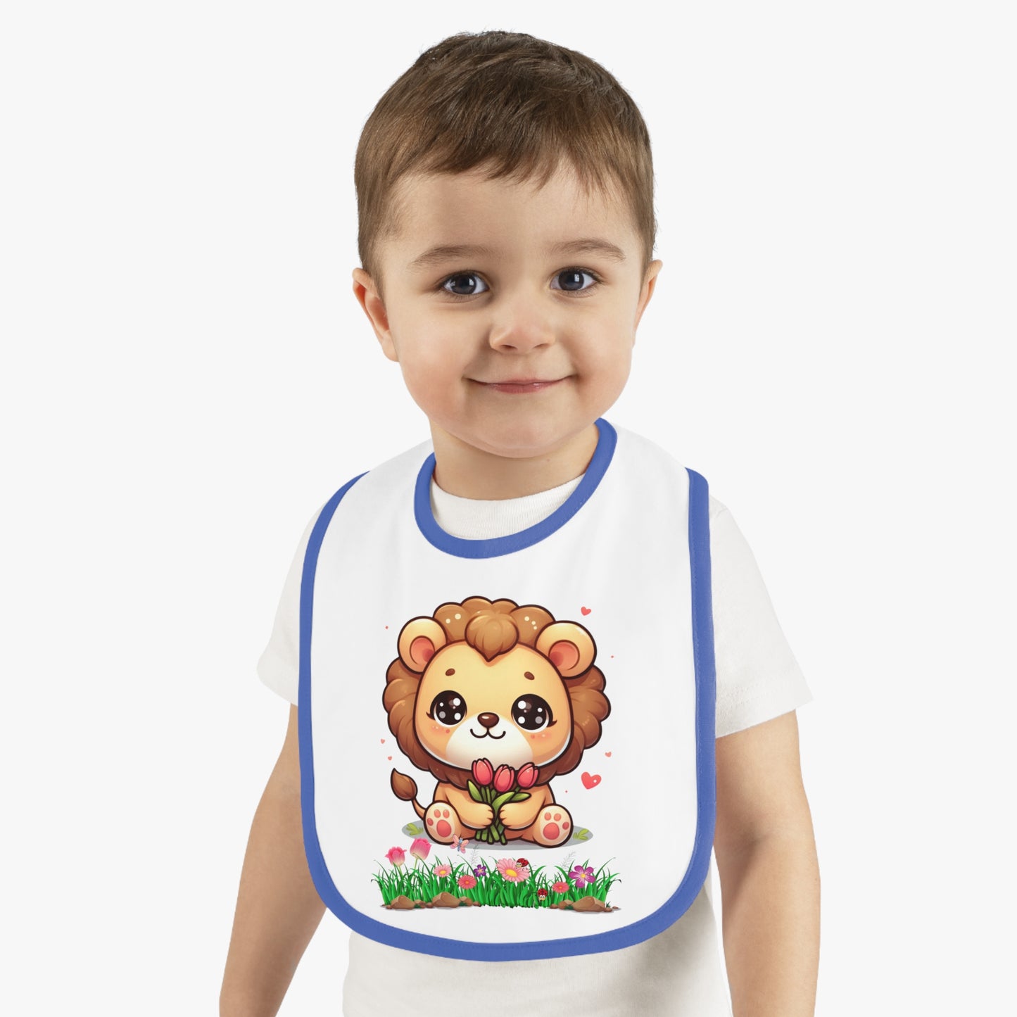 Baby Bib — Cute Lion Holding Flowers, Contrast Trim Infant Feeding Bib
