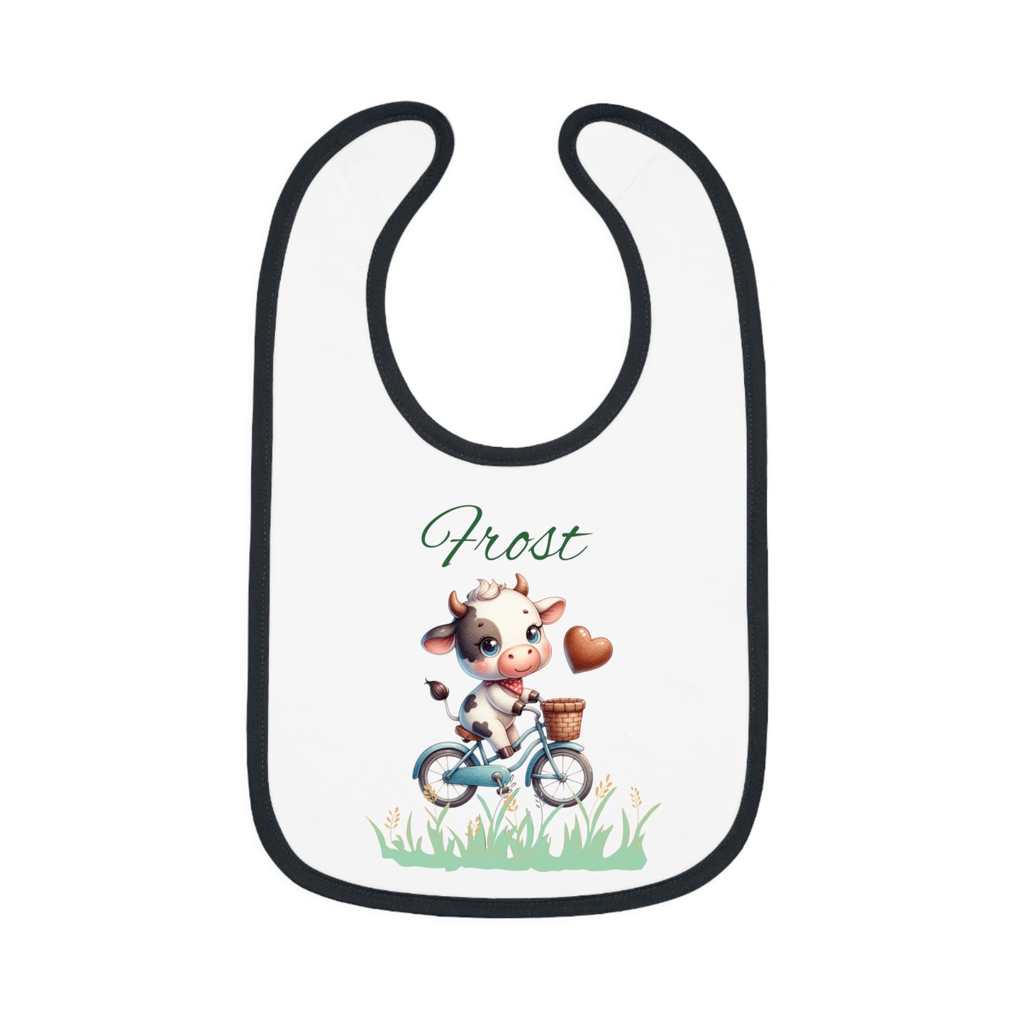 Personalized Baby Bib — Cute Cow on Bike Design with Name 'Frost'