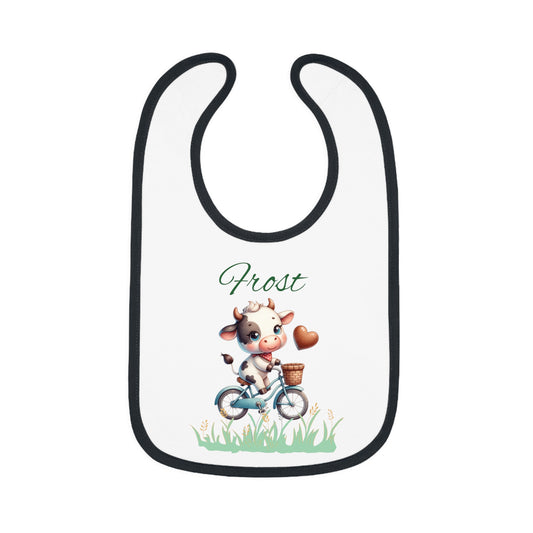 Personalized Baby Bib — Cute Cow on Bike Design with Name 'Frost'