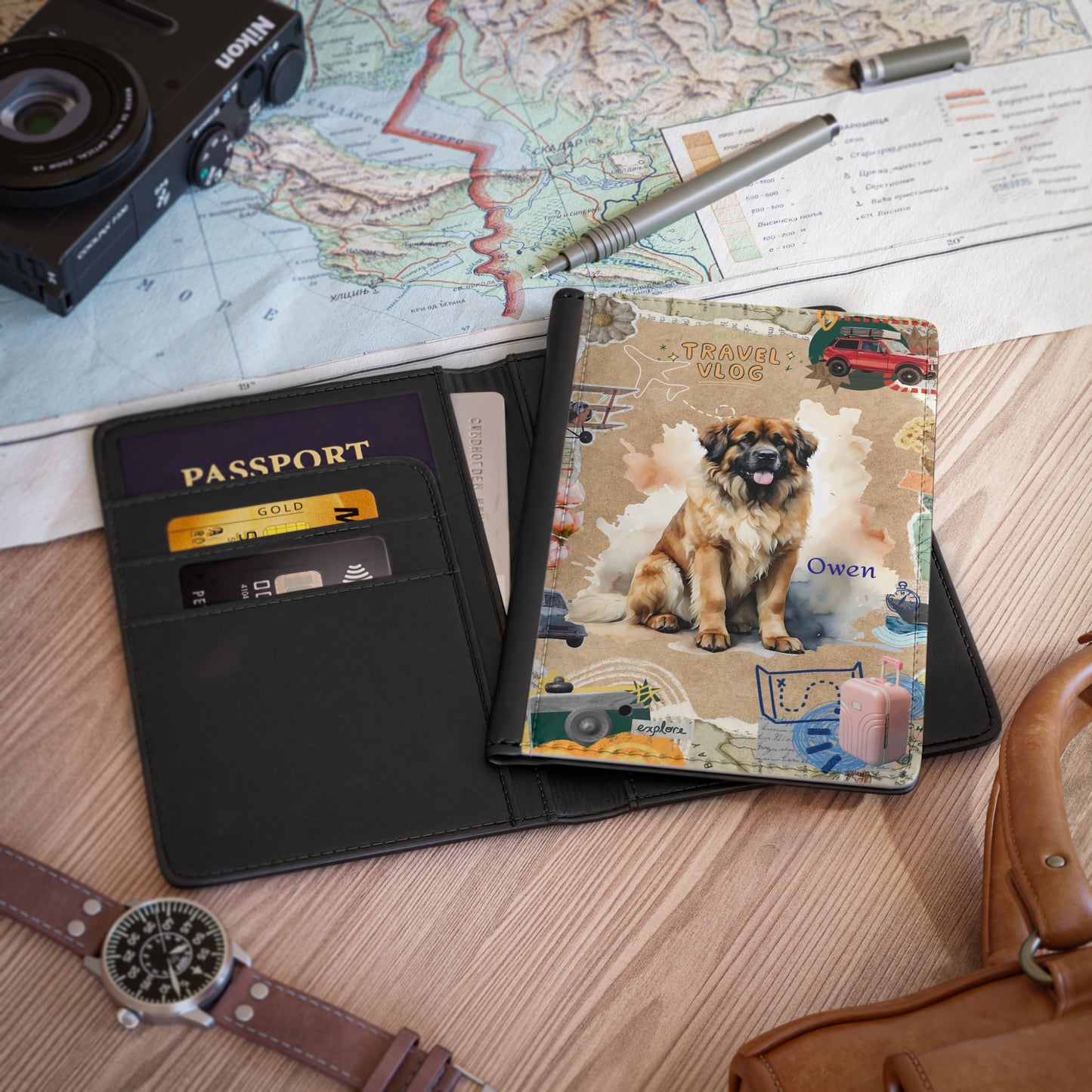 Personalized Dog Travel Passport Cover — Custom Name Leonberger Design