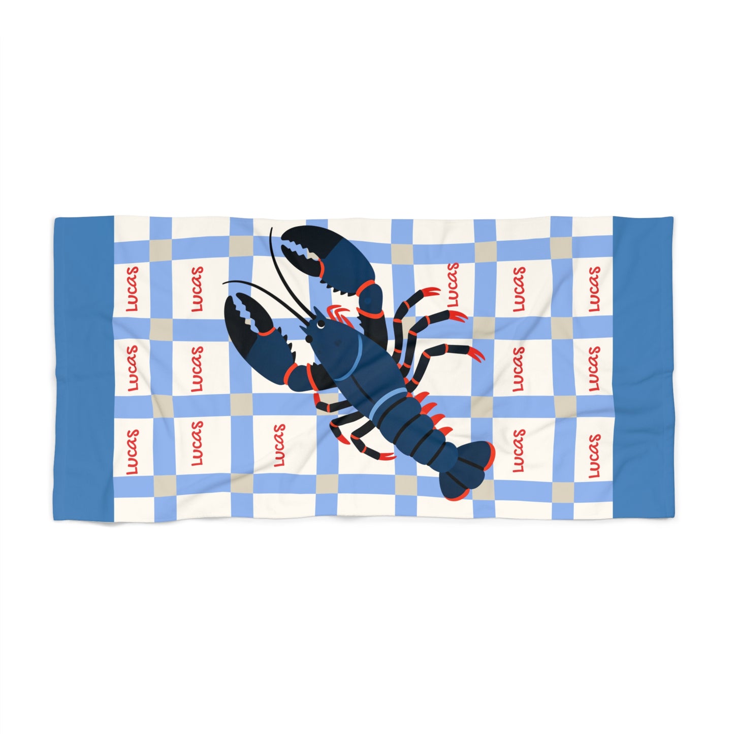 Personalized Lobster Beach Towel – Blue Check Nautical Summer Towel with Name