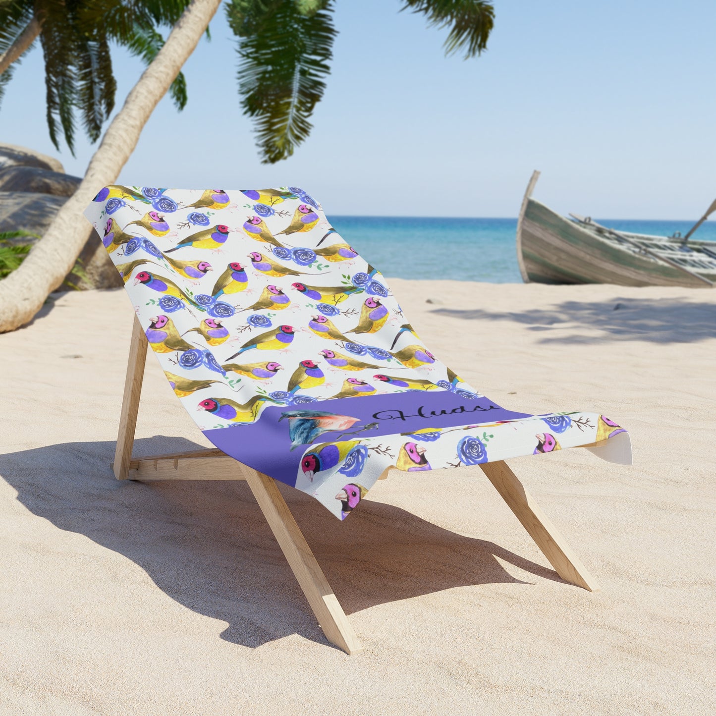 Personalized Tropical Bird Beach Towel – Custom Name Watercolor Finch Pattern