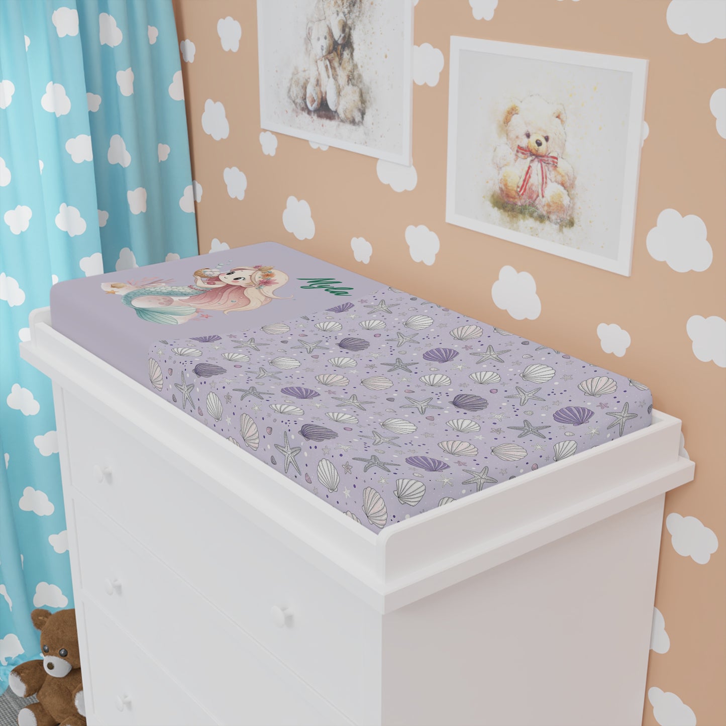 Mermaid Seashell Baby Changing Pad Cover — Lavender Nautical Nursery