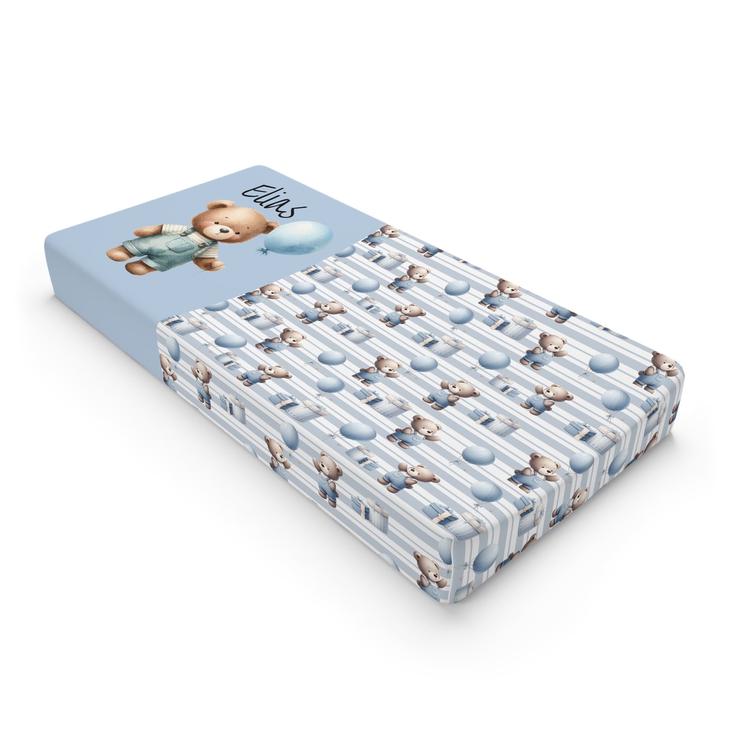Personalized Blue Teddy Bear Baby Changing Pad Cover — Custom Name Newborn Nursery