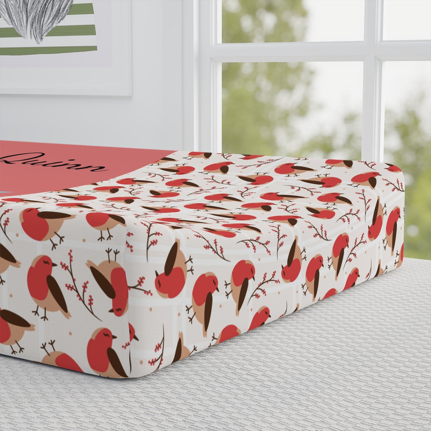 Baby Changing Pad Cover — Personalized Cute Bird Floral Design (Custom Name)