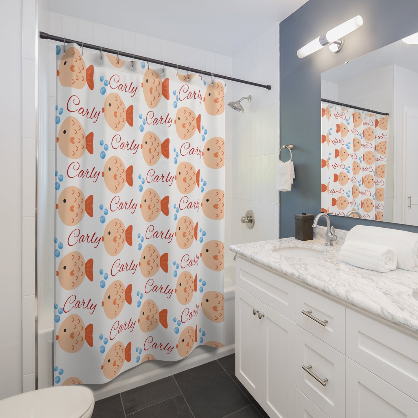 Personalized 'Carly' Fish Shower Curtain — Cute Pufferfish Pattern