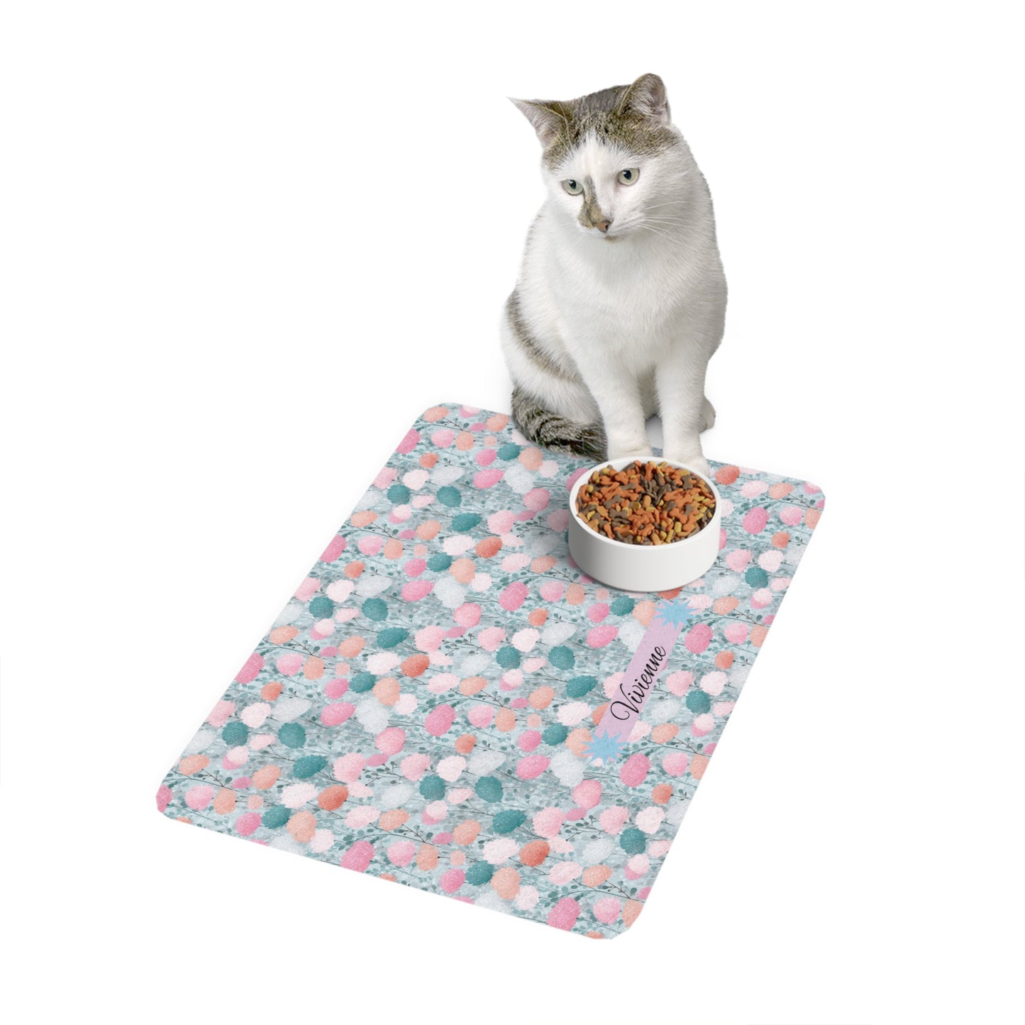 Personalized Pastel Floral Pet Food Mat (12x18)