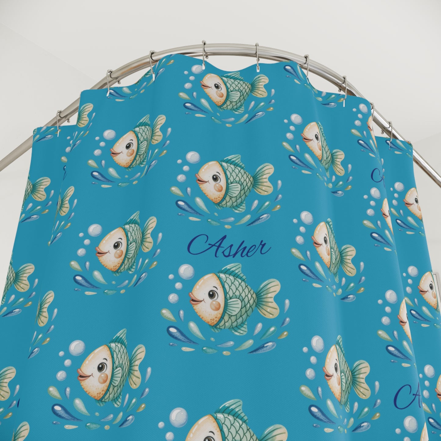 Fish Pattern Shower Curtain — Personalized "Asher" Blue Kids Bathroom Decor