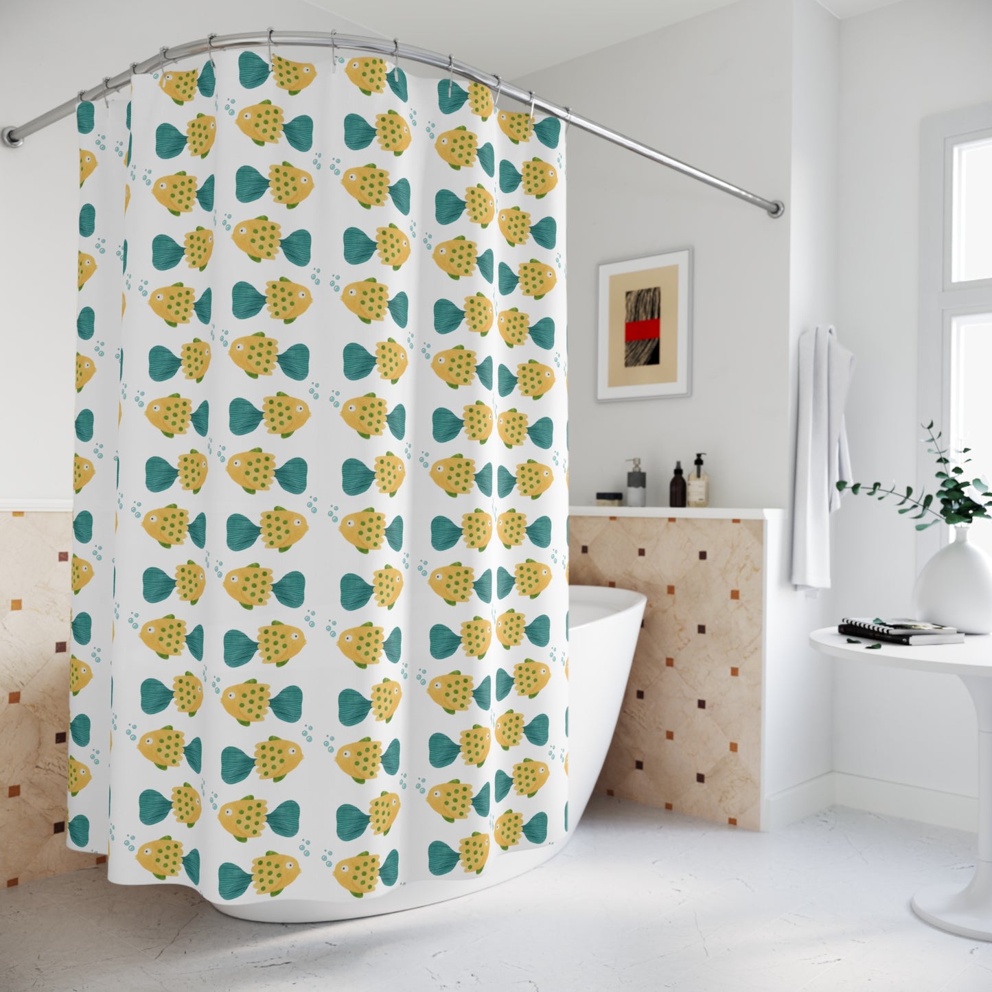 Shower Curtain — Playful Yellow & Teal Fish Pattern Bathroom Curtain