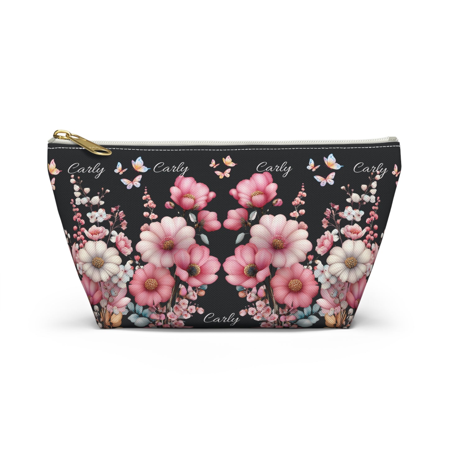 Floral Cosmetic Pouch with Pink Blooms — Personalized 'Carly' Accessory Bag