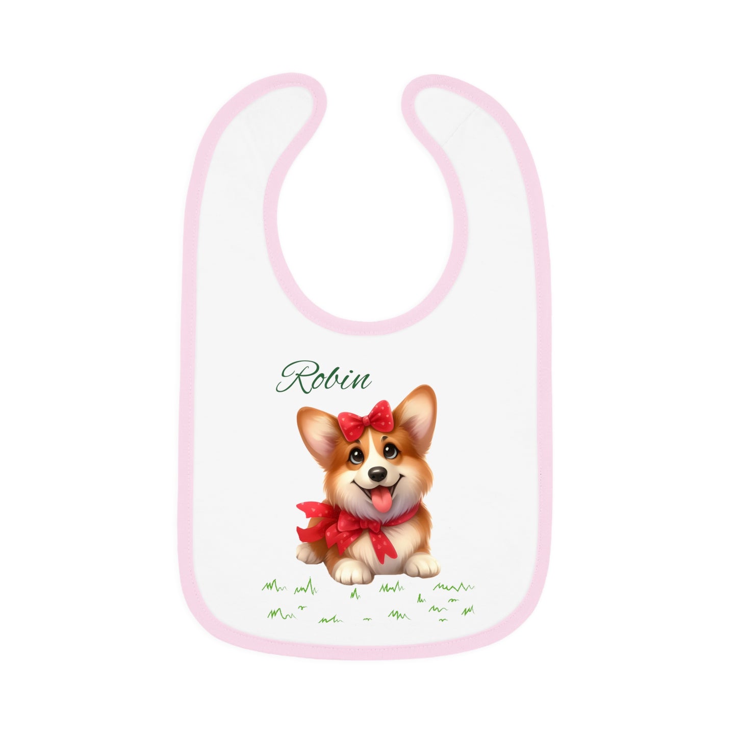 Personalized Corgi Baby Bib — Custom Name Contrast-Trim Jersey Bib