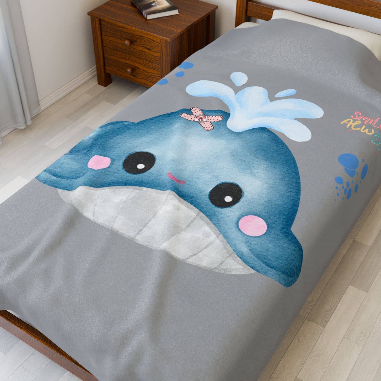 Whale with a bandage and bubble Velveteen Plush Blanket