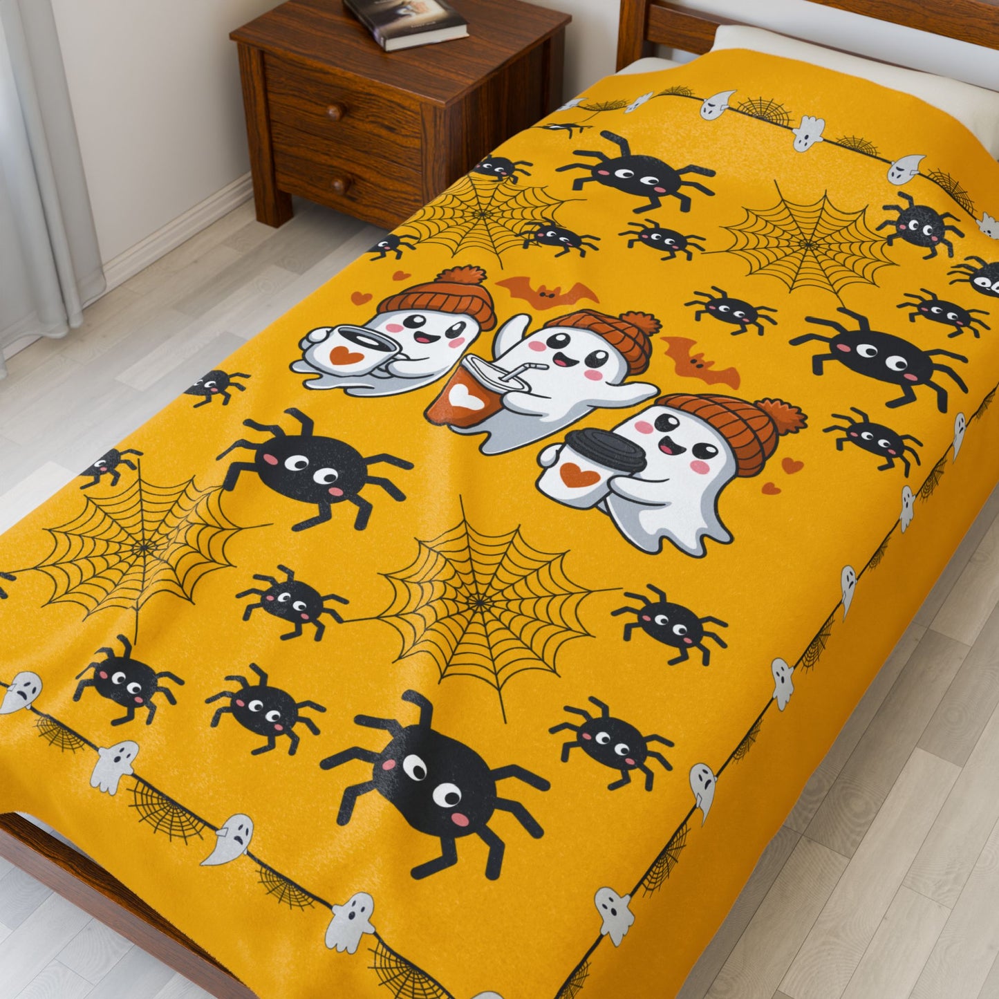 Cozy Halloween Velveteen Plush Blanket for Spooky Nights, Ghosts and Spiders Design, Perfect for Fall Decor, Gift, and Movie Nights