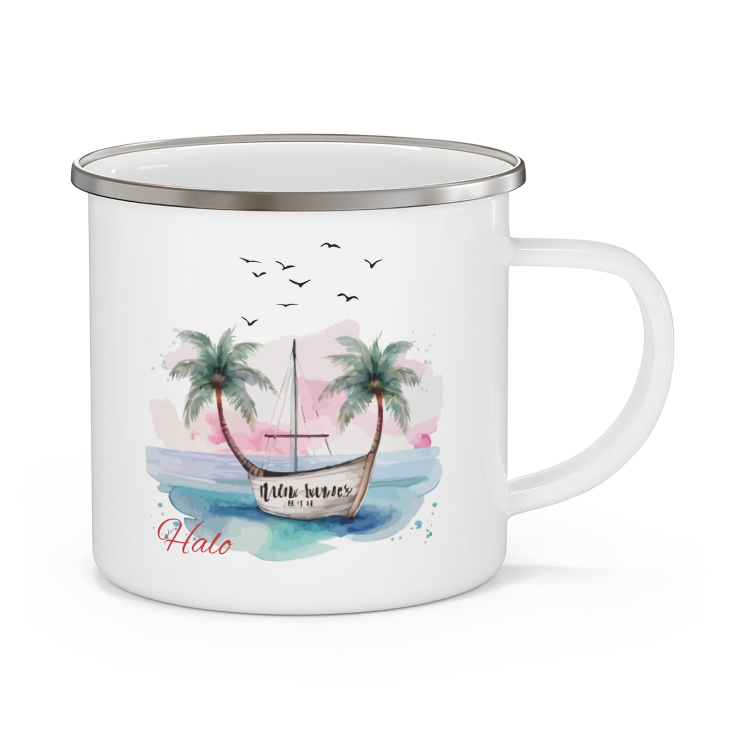 Coastal Enamel Camping Mug with Palm Trees and Boat Design