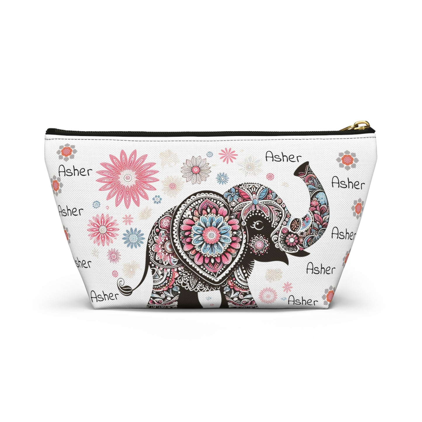 Personalized Elephant Accessory Pouch — Floral T-Bottom Makeup Bag