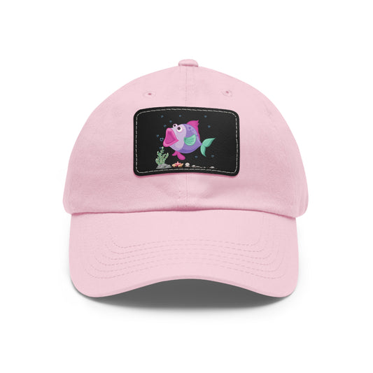 Fish with open mouth bubbles and underwater flora Dad Hat with Leather Patch (Rectangle)