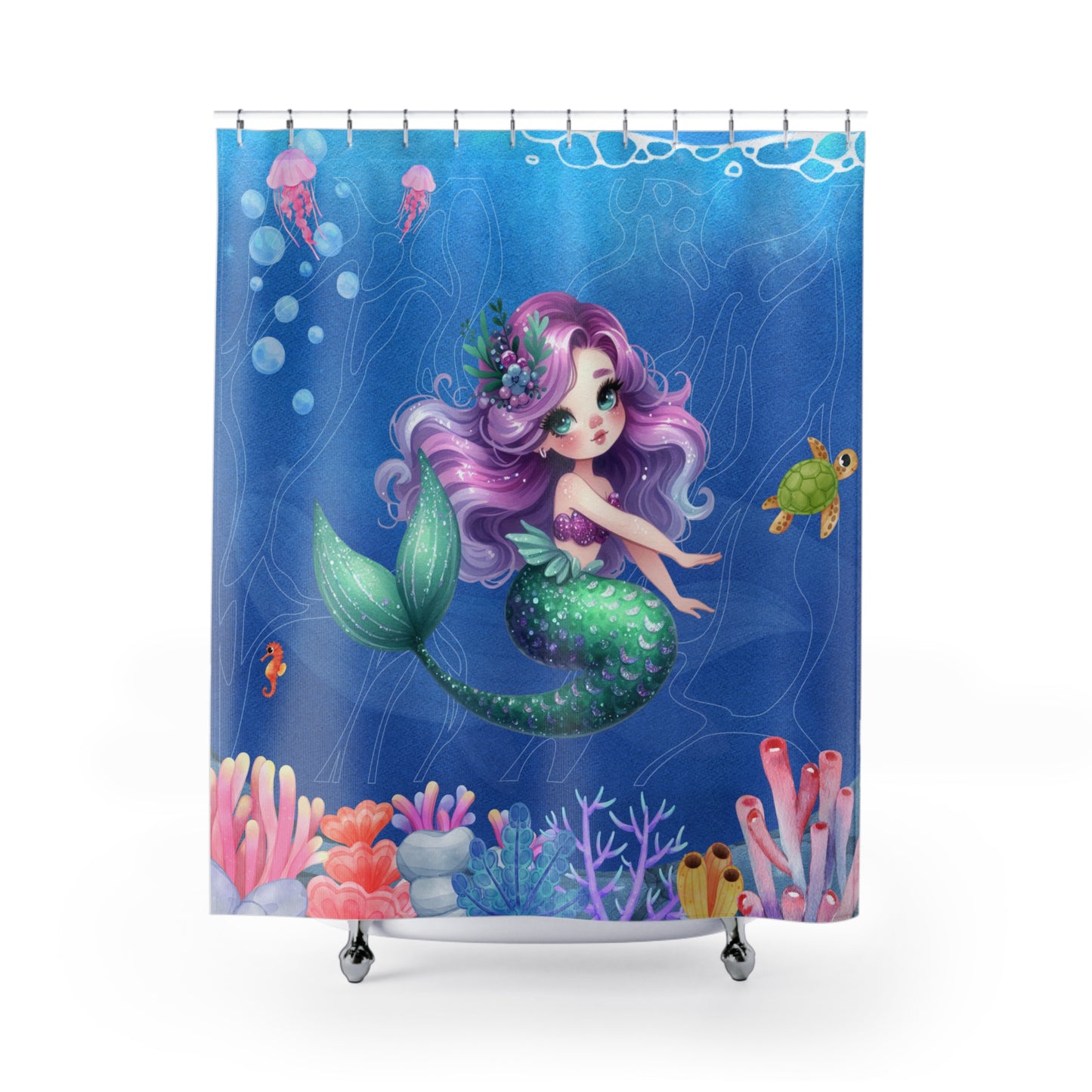 Mermaid Shower Curtain — Cute Purple-Haired Kids Ocean Bath Decor
