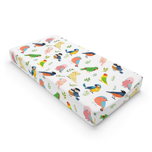 Birds & Leaves Baby Changing Pad Cover — Colorful Parakeet Nursery Bedding