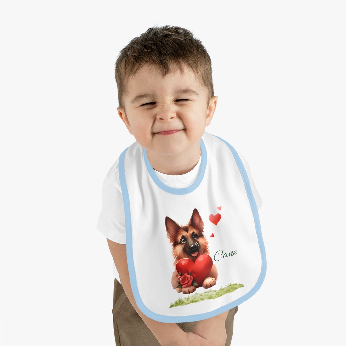 German Shepherd Baby Bib — Cute Puppy Holding Heart Valentine Infant Bib