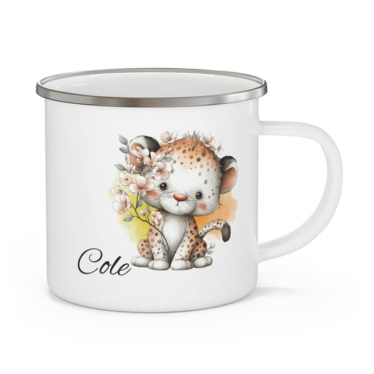 Personalized Enamel Mug — Cute Baby Leopard Camping Cup with Name "Cole"