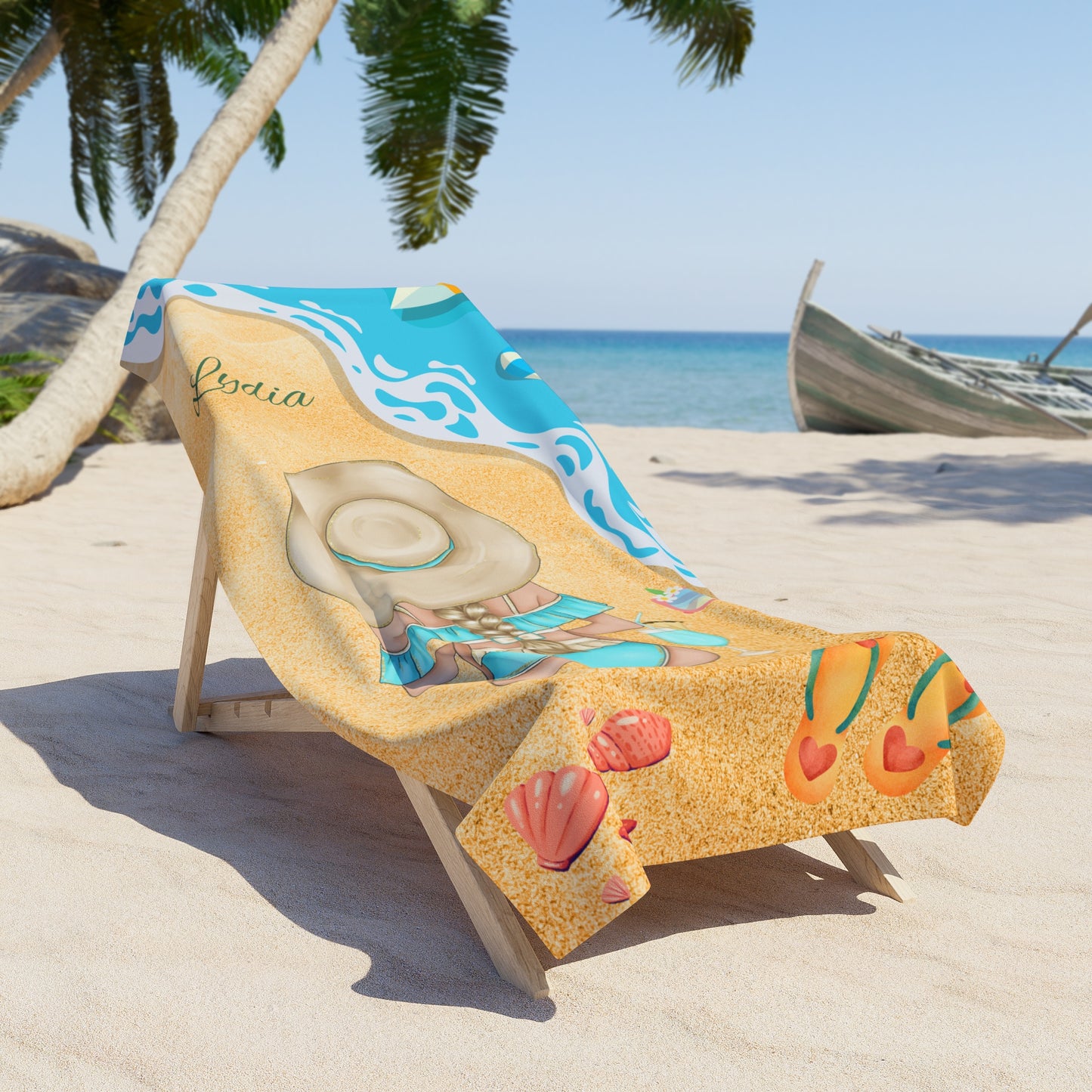 Personalized Beach Towel – Woman in Sun Hat Design (Custom Name)