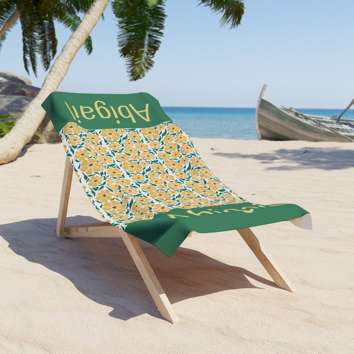 Personalized Floral Beach Towel — Custom Name Abigail, Yellow Hibiscus Pattern