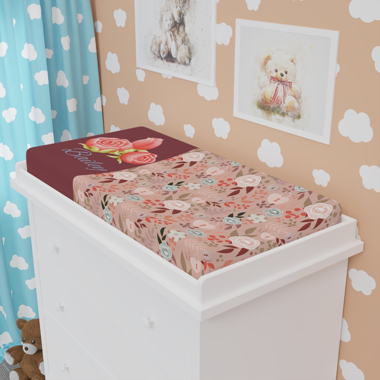 Floral Rose Baby Changing Pad Cover - Blush Pink Nursery Décor