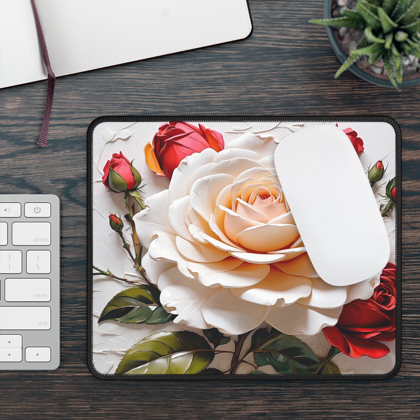 Floral Rose Gaming Mouse Pad — Elegant White & Red Rose Desk Mat