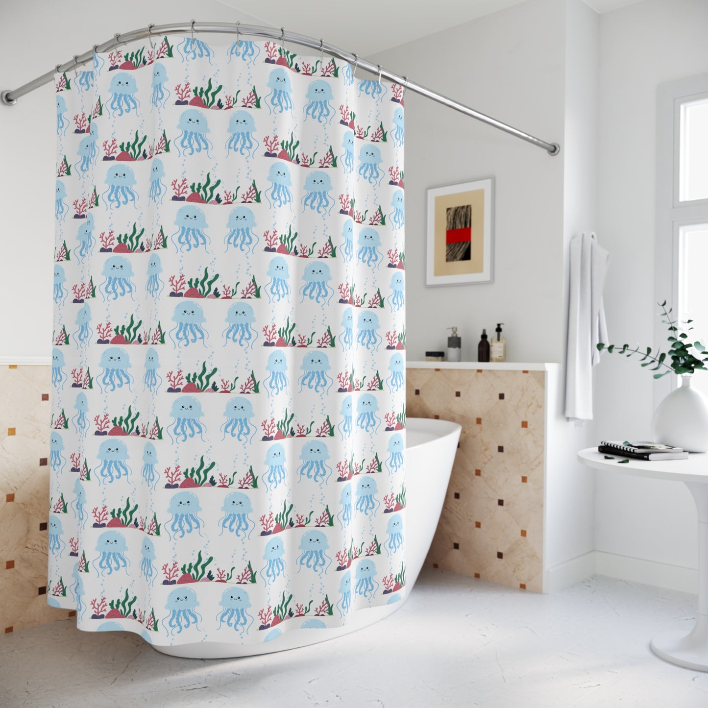 Cute Blue Jellyfish Shower Curtain — Kids Bathroom Ocean Theme with Seaweed Pattern